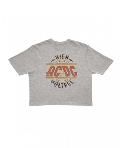 AC/DC Ladies' Crop Tee | Retro Colored High Voltage Design Distressed Crop T-shirt $13.21 Shirts