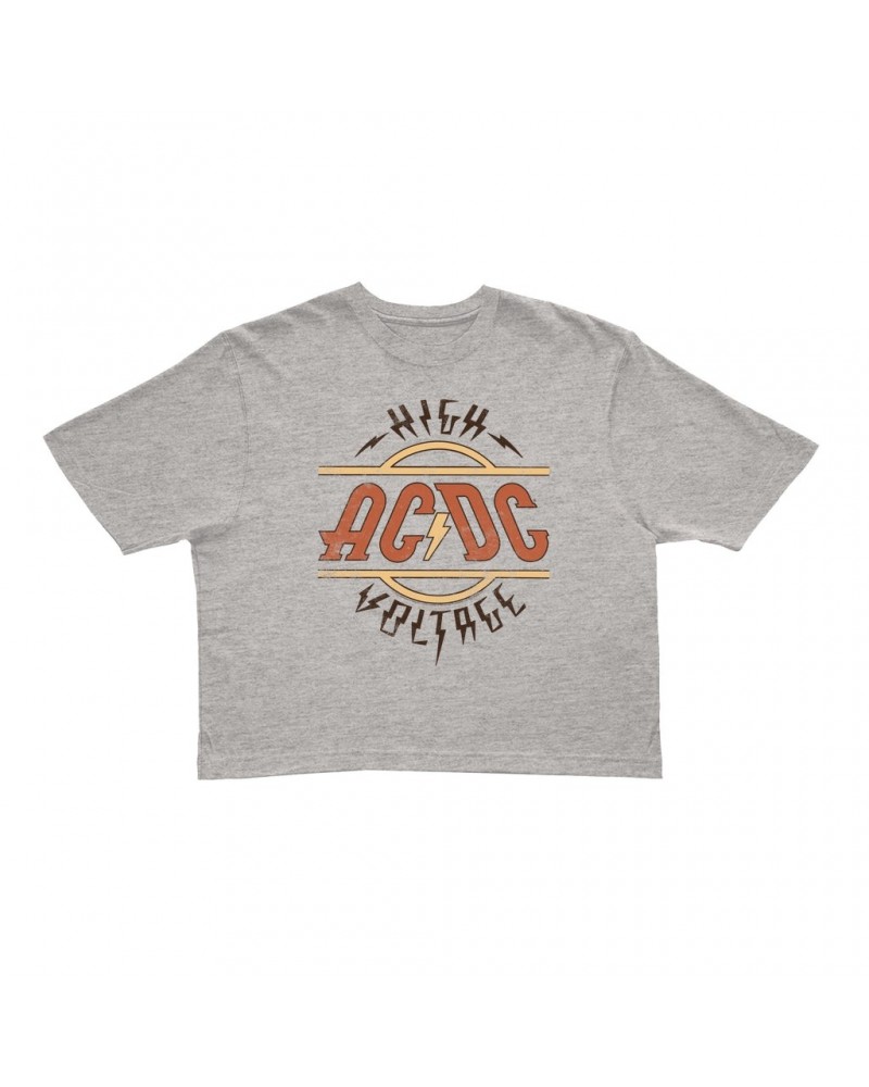 AC/DC Ladies' Crop Tee | Retro Colored High Voltage Design Distressed Crop T-shirt $13.21 Shirts