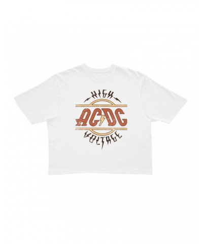 AC/DC Ladies' Crop Tee | Retro Colored High Voltage Design Distressed Crop T-shirt $13.21 Shirts